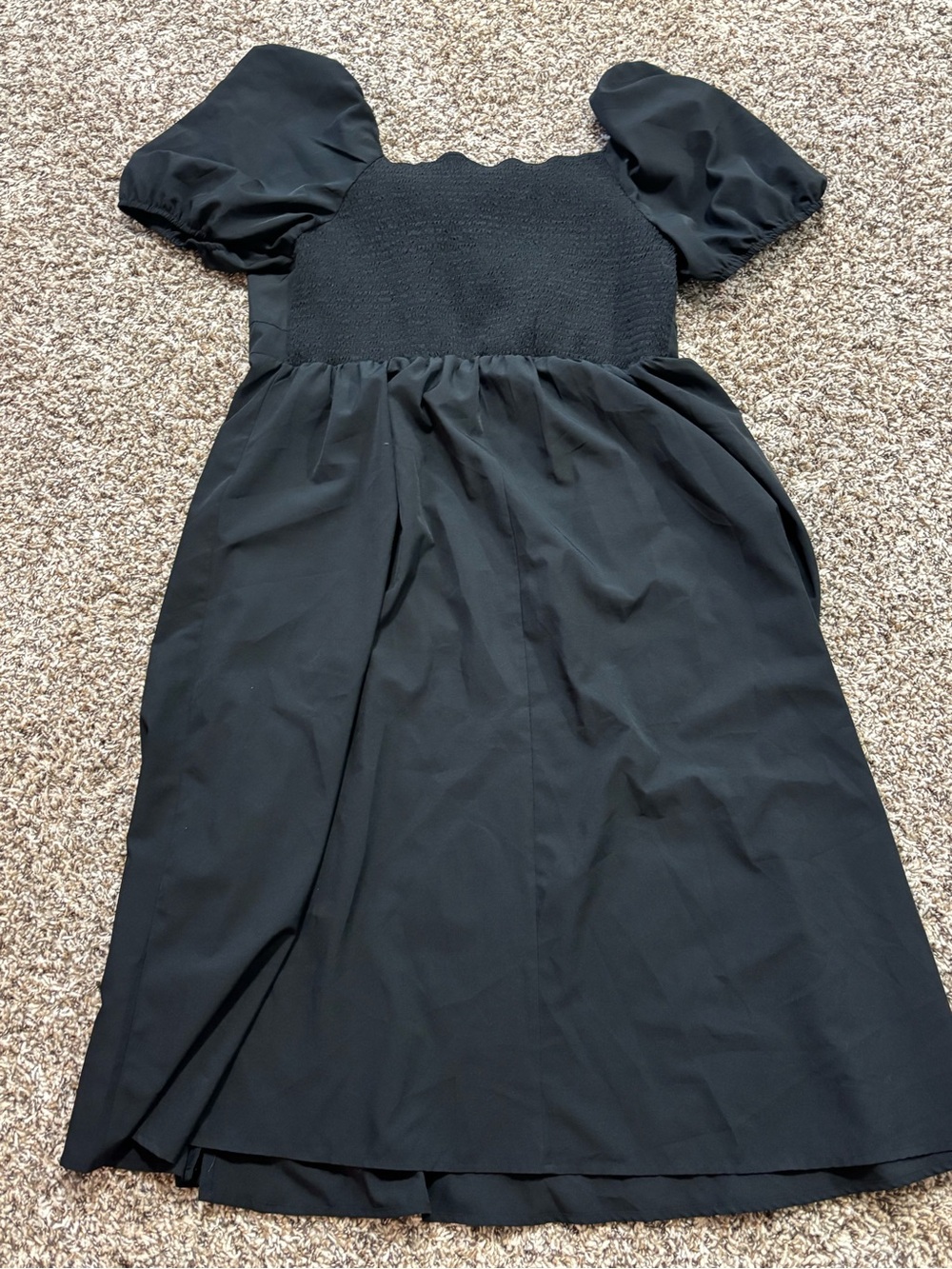 Smocked Puff Sleeve Black Dress 2X Satin feel